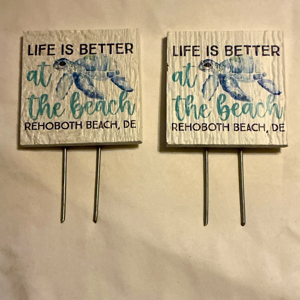 Set of 2 Life Is Better at the Beach Plant or Decorative Stake - Blue/Teal/White